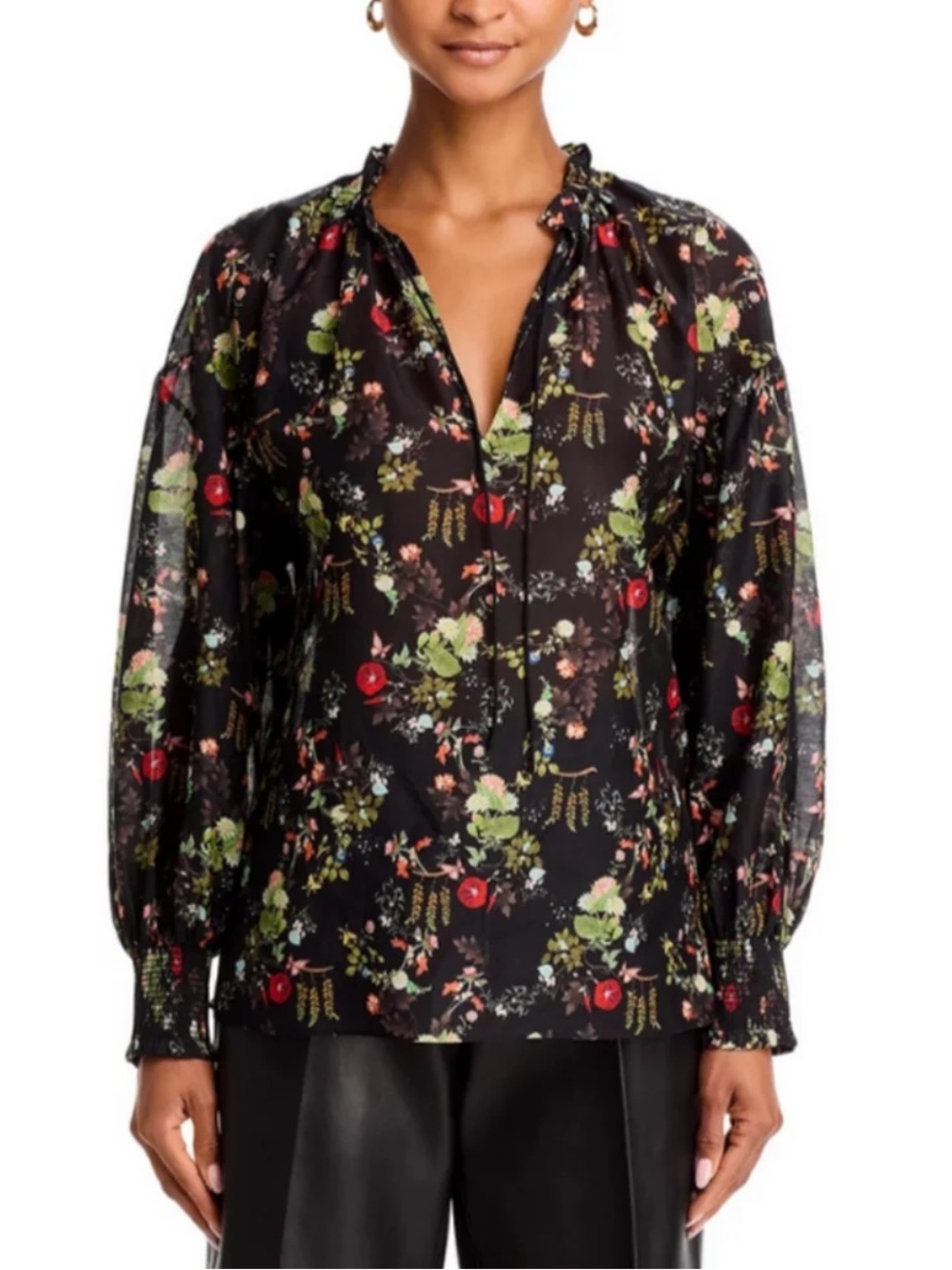 NEW Alice + Olivia Julius Silk Cotton Blend Smocked Blouse Top. Black print. M